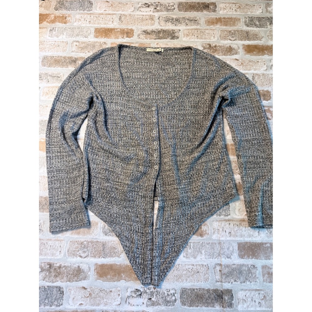 Express One Eleven Womens XS Grey Waffle Knit Tie Front Cardigan Top Long Sleeve